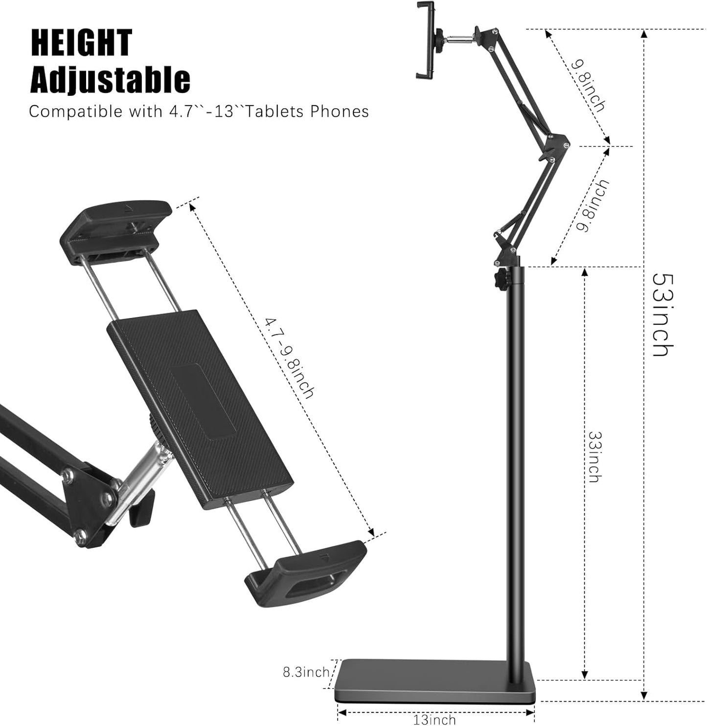 Lucky Trip Tablet Floor Stand with Double Heavy Duty Stable Base Never Tip Over, Adjustable Height Swivel Overhead Bed Tablet Phone Stand Holder for iPad, Kindle, Galaxy Tab, Cell Phones(4.7''-13'')