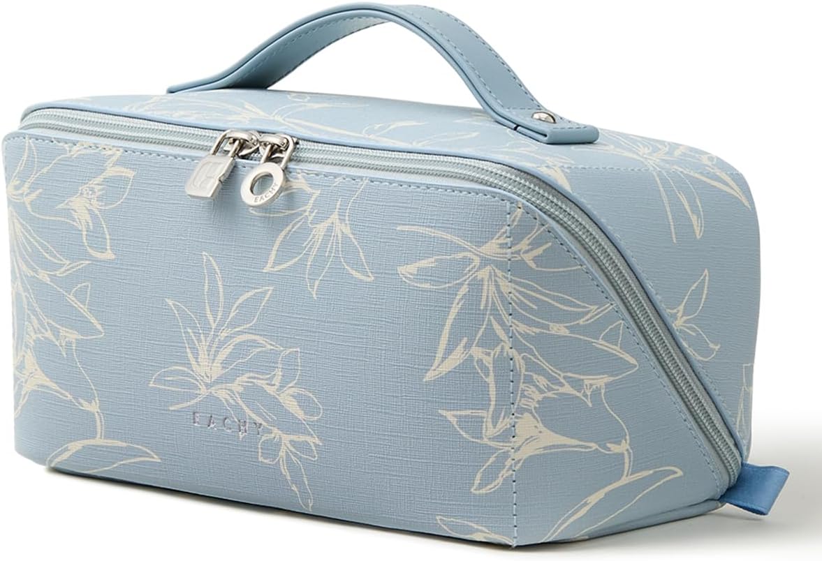 EACHY Travel Makeup Bag, Large Capacity Cosmetic Bags for Women, Waterproof Portable Pouch Open Flat Toiletry Bag Pattern Makeup Bag (F-Blue)