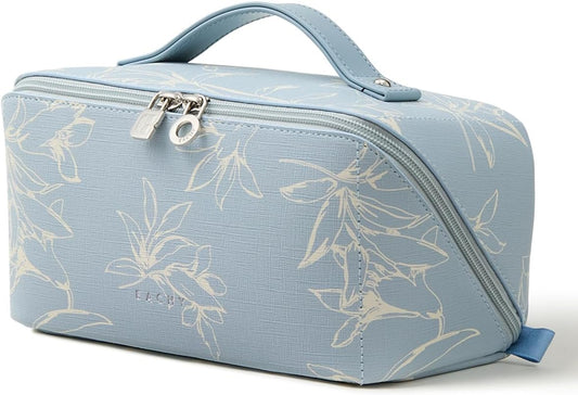EACHY Travel Makeup Bag, Large Capacity Cosmetic Bags for Women, Waterproof Portable Pouch Open Flat Toiletry Bag Pattern Makeup Bag (F-Blue)