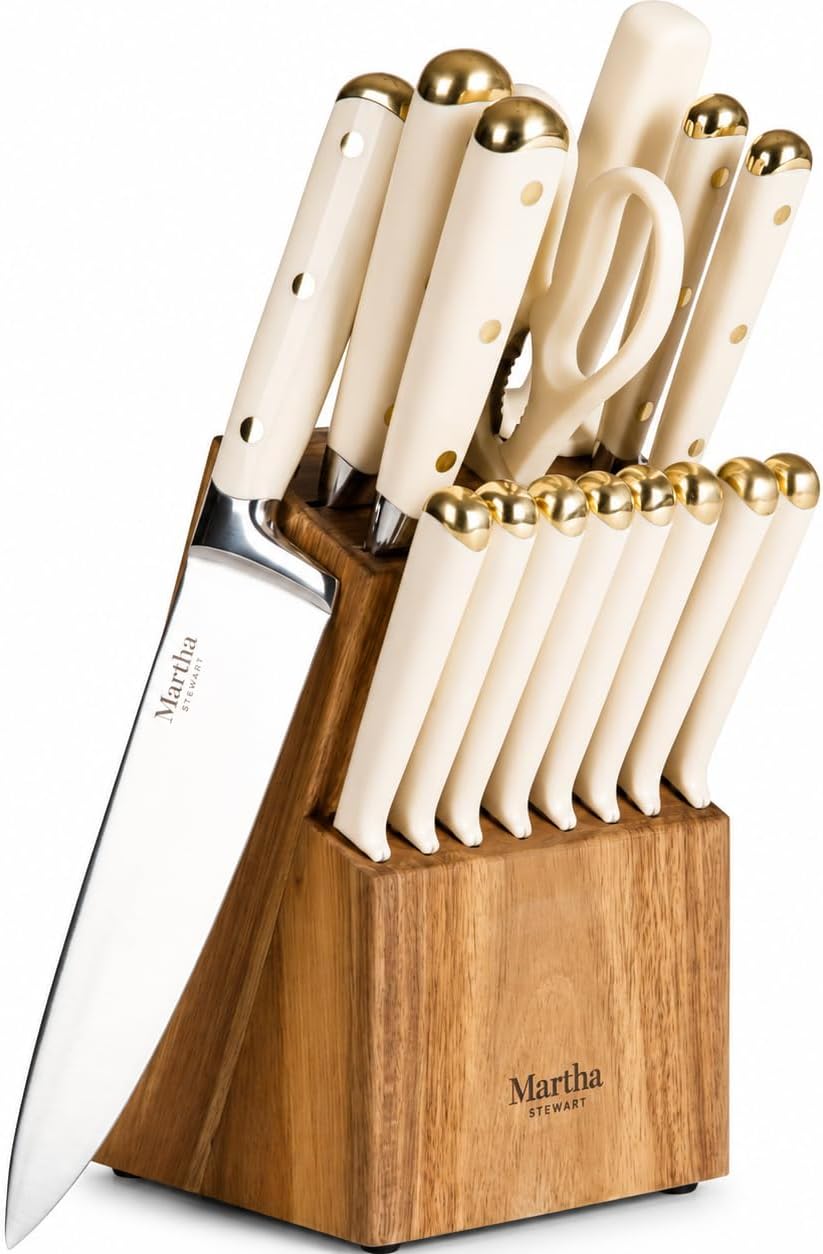 Martha Stewart 16-Piece Lockton High Carbon Stainless Steel Knife Block Set - Forged Full Tang Chef Knives, Acacia Wood Block, Triple Riveted Handles, Black & Gold