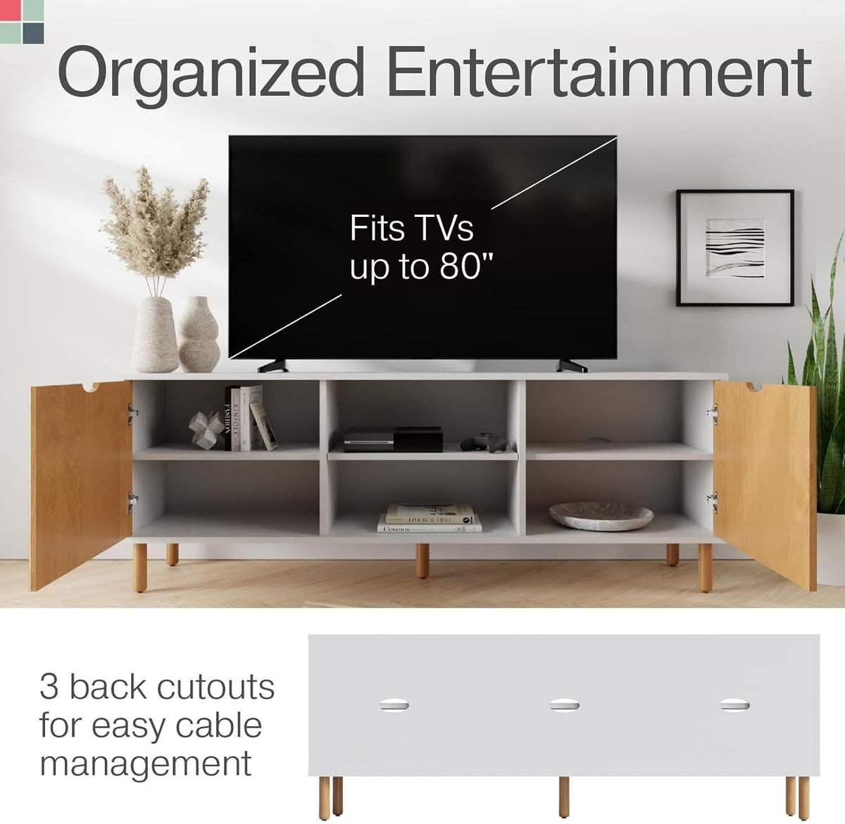 Stead Fluted TV Stand - Media Console & Console Table with Cord Management - Soft-Close Doors & Adjustable Shelves Storage Cabinet - Living Room Entertainment Center - 70-Inch White & Oak