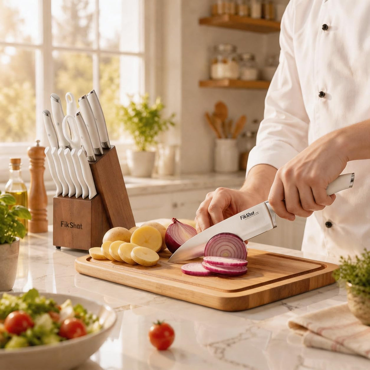 Fikshot 14-Piece Knife Set – German High Carbon Stainless Steel, Professional Chef Knives with Block & Sharpener, Elegant White, Dishwasher-Safe, Modern Kitchens, Ideal Gift for Chef & Father's Day