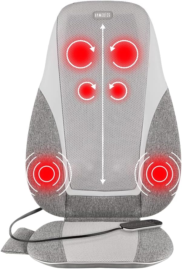 Homedics Shiatsu Back Massage Cushion with Heat, Deep Kneading & Vibration, Handheld Remote, Lumbar Vibration Waves, 3 Massage Zones, Upper, Lower,Full Back,Fits Most Chairs, Premium Fabric,Grey