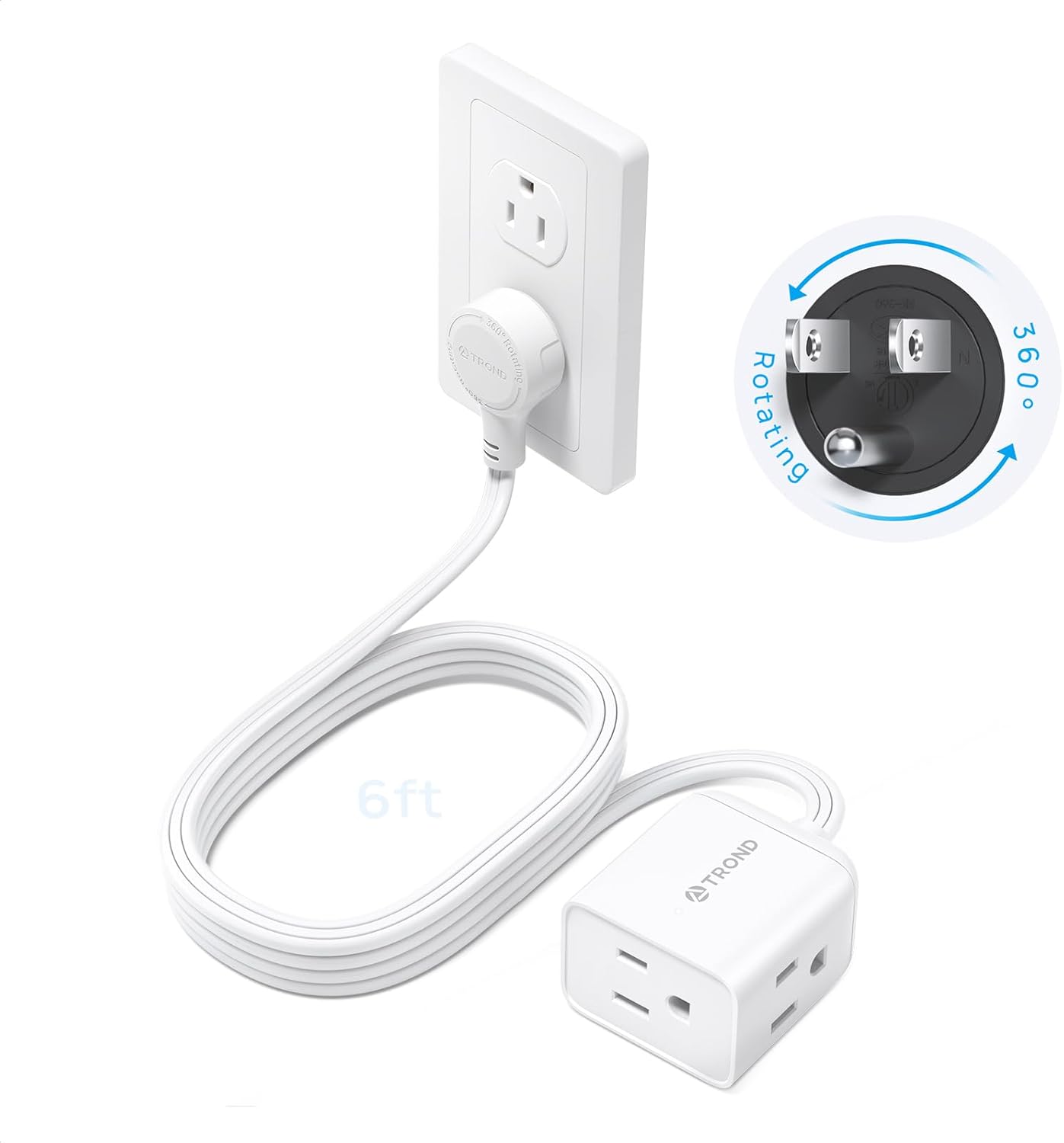 TROND Flat Extension Cord 6ft with 360° Rotating Plug, ETL Listed 3 Prong Power Strip, Low Profile Three Outlets, 13A, SPT 16/3 Gauge, Small for Tight Spaces Indoor Home Office Cruise Travel, White