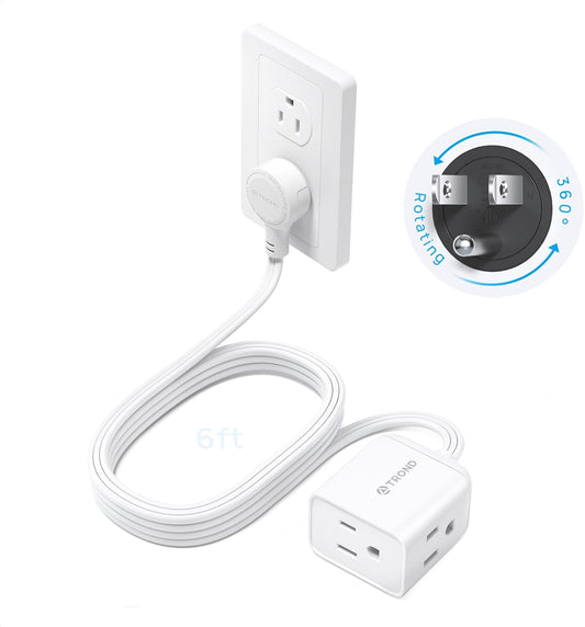TROND Flat Extension Cord 6ft with 360° Rotating Plug, ETL Listed 3 Prong Power Strip, Low Profile Three Outlets, 13A, SPT 16/3 Gauge, Small for Tight Spaces Indoor Home Office Cruise Travel, White