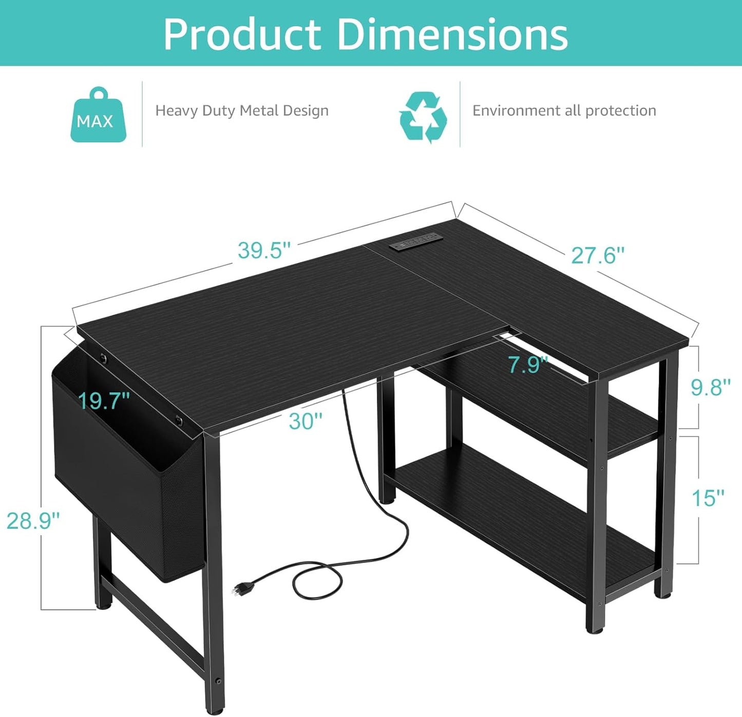 Lufeiya Small L Shaped Desk with Power Outlet Shelves, 40 Inch Corner Computer Desk for Small Space Home Office, L-Shaped Gaming Desk PC Desks with Charging Station, Black