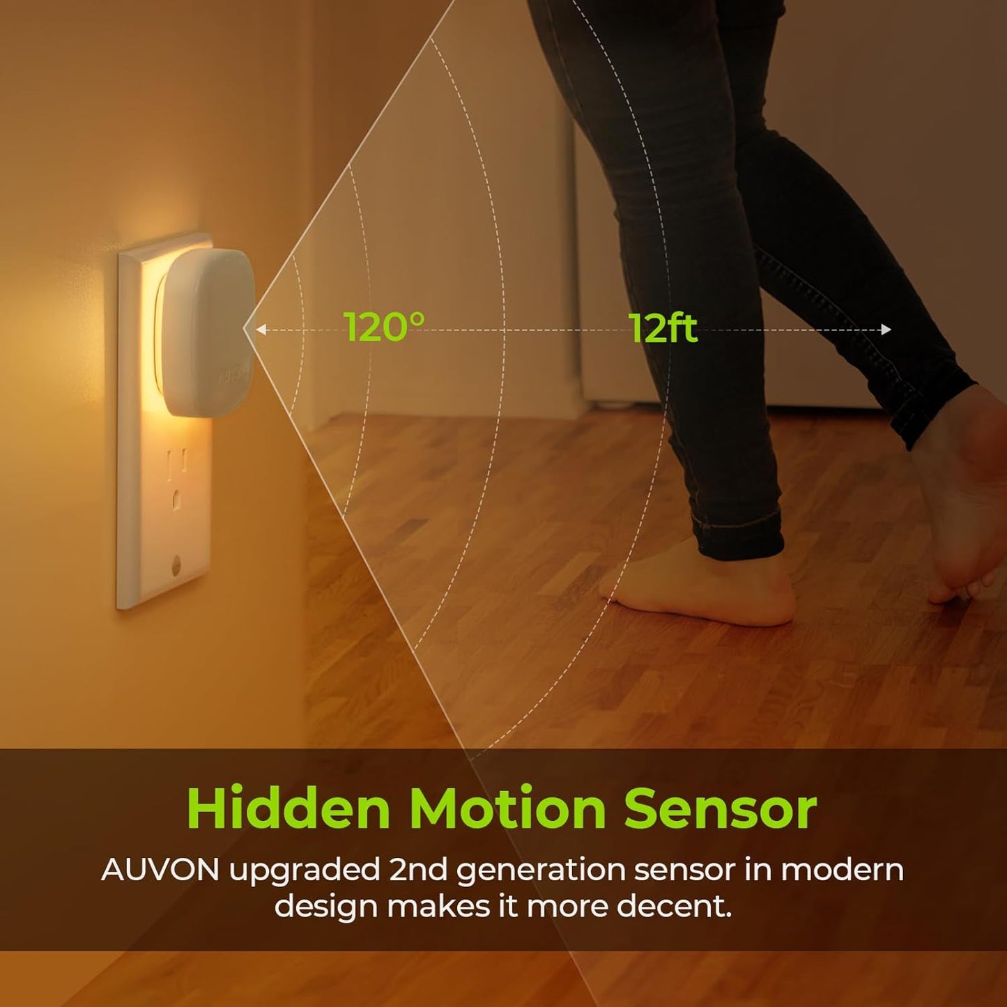 AUVON Plug-in LED Backlit Night Light with Motion Sensor & Dusk to Dawn Sensor, Dimmable Amber Nightlight with 1-50 lm Adjustable Brightness for Bedroom, Bathroom, Stairs, Hallway (4 Pack)