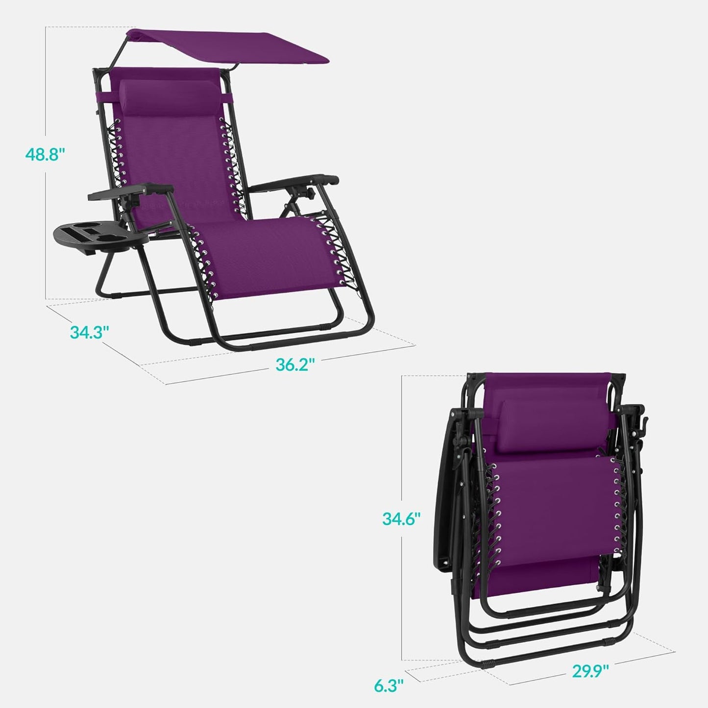 Best Choice Products 30” Wide Folding Zero Gravity Outdoor Recliner Patio Lounge Chair w/Adjustable Canopy Shade, Headrest, Side Accessory Tray - Amethyst Purple
