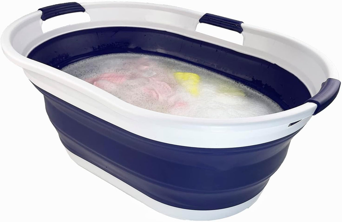 SAMMART 44L (11.6 Gallon) Collapsible Plastic Laundry Basket - Foldable Pop Up Storage Container/Organizer - Portable Washing Tub - Water Capacity: 35L(9.2 Gallon) (1, White/Navy Blue)
