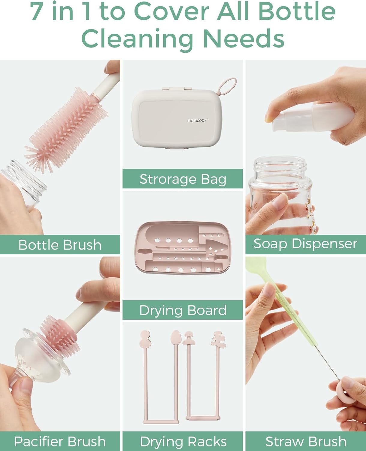 Momcozy 7-in-1 Baby Bottle Cleaner Kit with Silicone, Nipple & Straw Brushes, Soap Dispenser and Drying Rack - Portable Cleaning Tool for Home and Travel, Pink