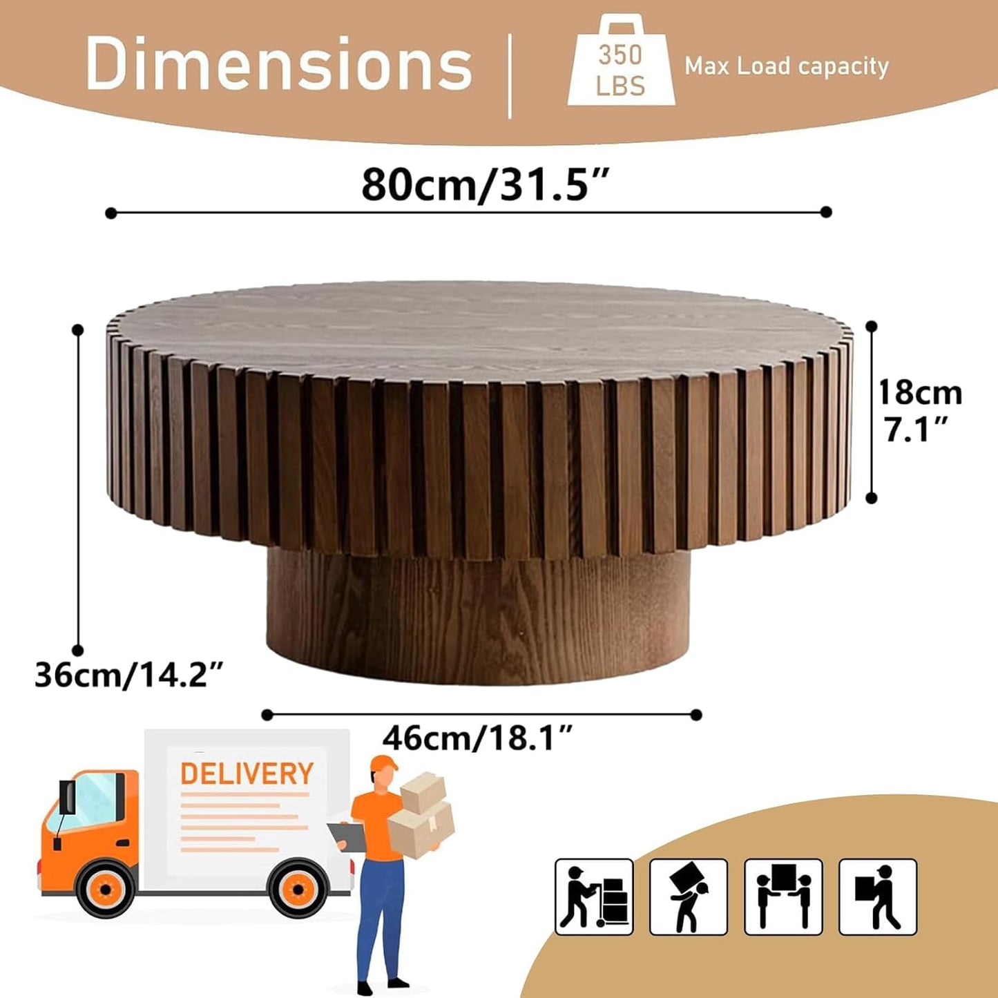 Mid Century Modern Round Fluted Coffee Table (J) | Handcraft Drum Coffee Table, Sturdy Pedestal, Wood Veneer Top, for Living Room Reception Room Farmhouse