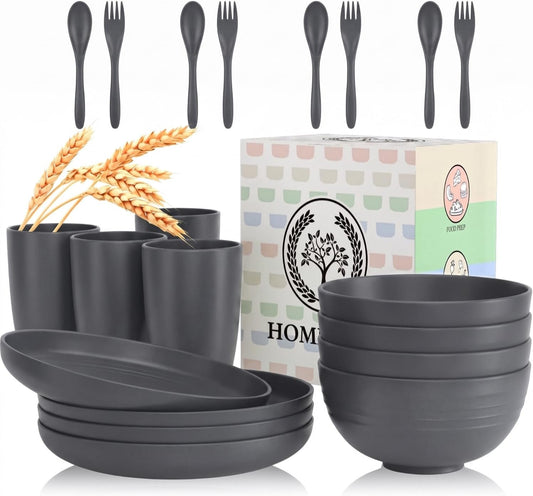 Wheat Straw Dinnerware Sets, Homienly 20pcs Unbreakable Microwave Dishwasher Safe Tableware Lightweight Bowls, Cups, Plates Set Reusable Dinner Plates Bowls set (Dark Grey)