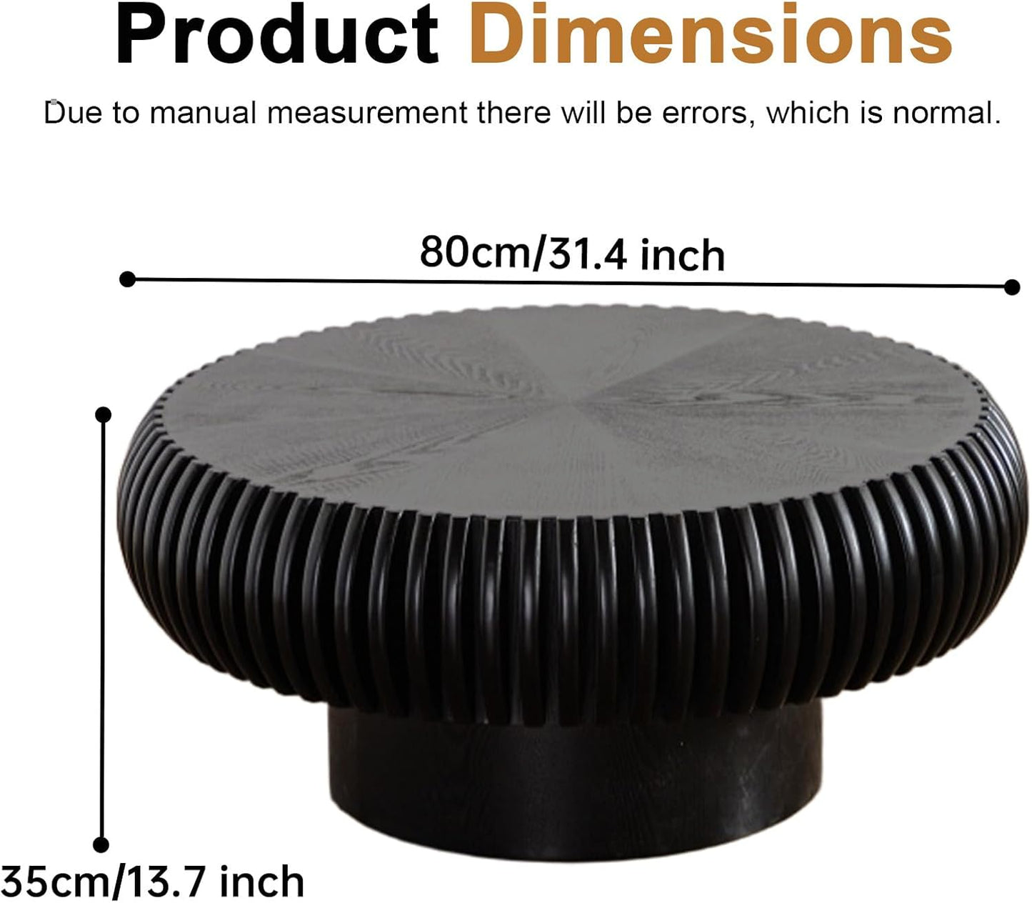 31 inch Black Round Fluted Coffee Table for Living Room (G, 1PC) | Mid Century Modern Style, Drum Shape, Low Circle Center Table, Wood Fluted Stripes, For Small Spaces, Easy to Assemble