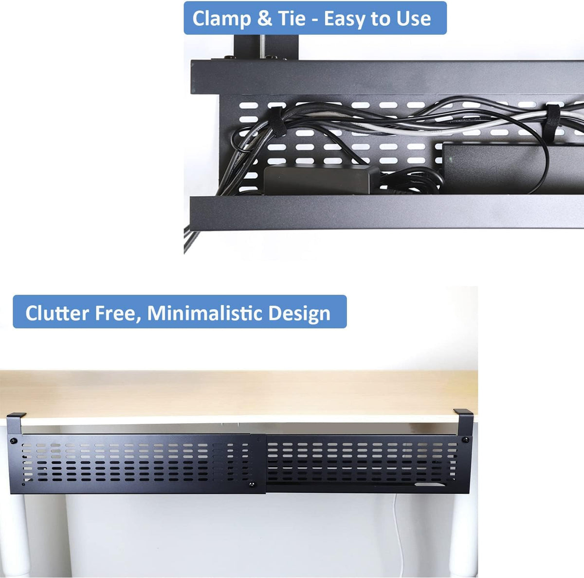 AEONS Under Desk Cable Management Tray Kit - Horizontal Adjustable up to 41” Removable C Clamp Mount Reversible Computer Cord Raceway and Modesty Panel for Large Table, Black