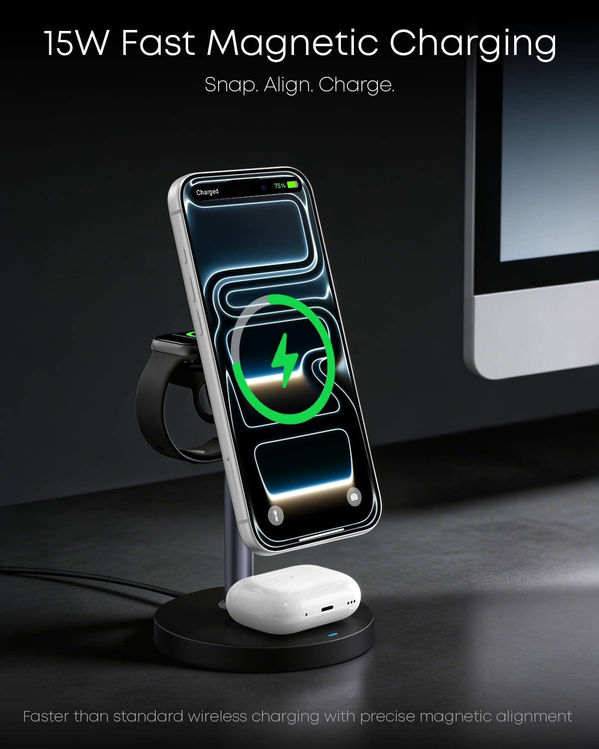 3 in 1 Magnetic Wireless Charging Station, 15W Charger for iPhone, Black | Compatible with iPhone 12-17 Series, Apple Watch & AirPods, Charges 3 Devices Together, 18W Adapter Included, 3-Year Warranty