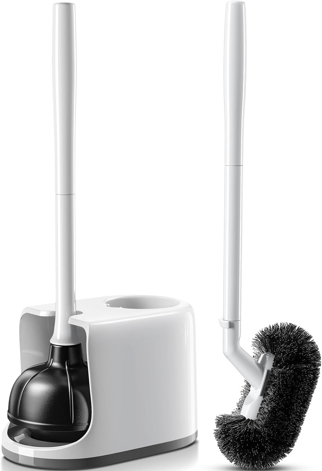 HAMITOR Toilet Plunger Bowl Brush Combo：Heavy Duty Rubber for Drain Clog Remover - Curved Design Bristles for Deep Cleaning Under Rim - Compact Bathroom Cleaning Tools for New Homet Essentials - White