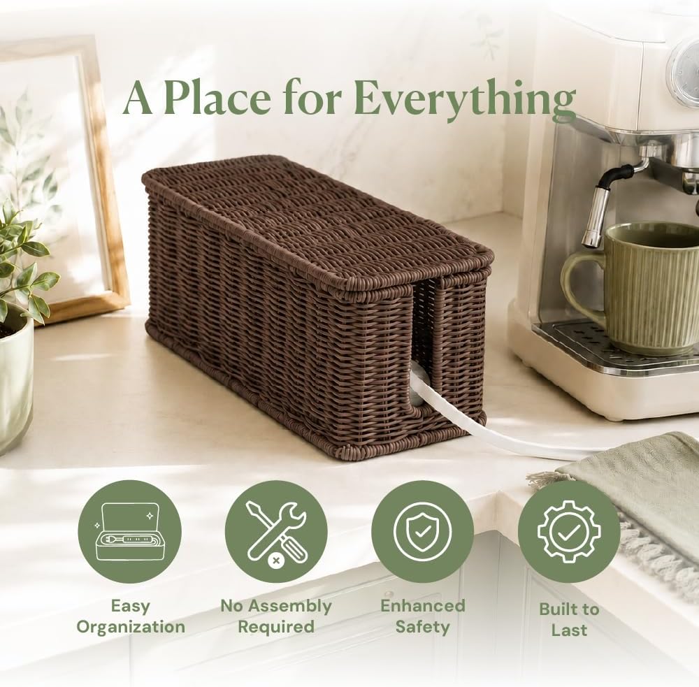 Cable Management Box, Handmade Rattan Cord Organizer for Power Strip | Open Slots Cord Hider for Power Strip, Router & USB Hub, Registered U.S. Design Patent