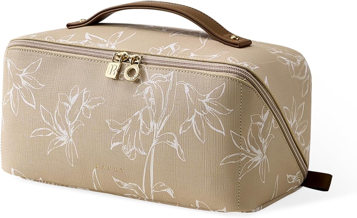 EACHY Travel Makeup Bag, Large Capacity Cosmetic Bags for Women, Waterproof Portable Pouch Open Flat Toiletry Bag Pattern Makeup Bag (F-Brown)
