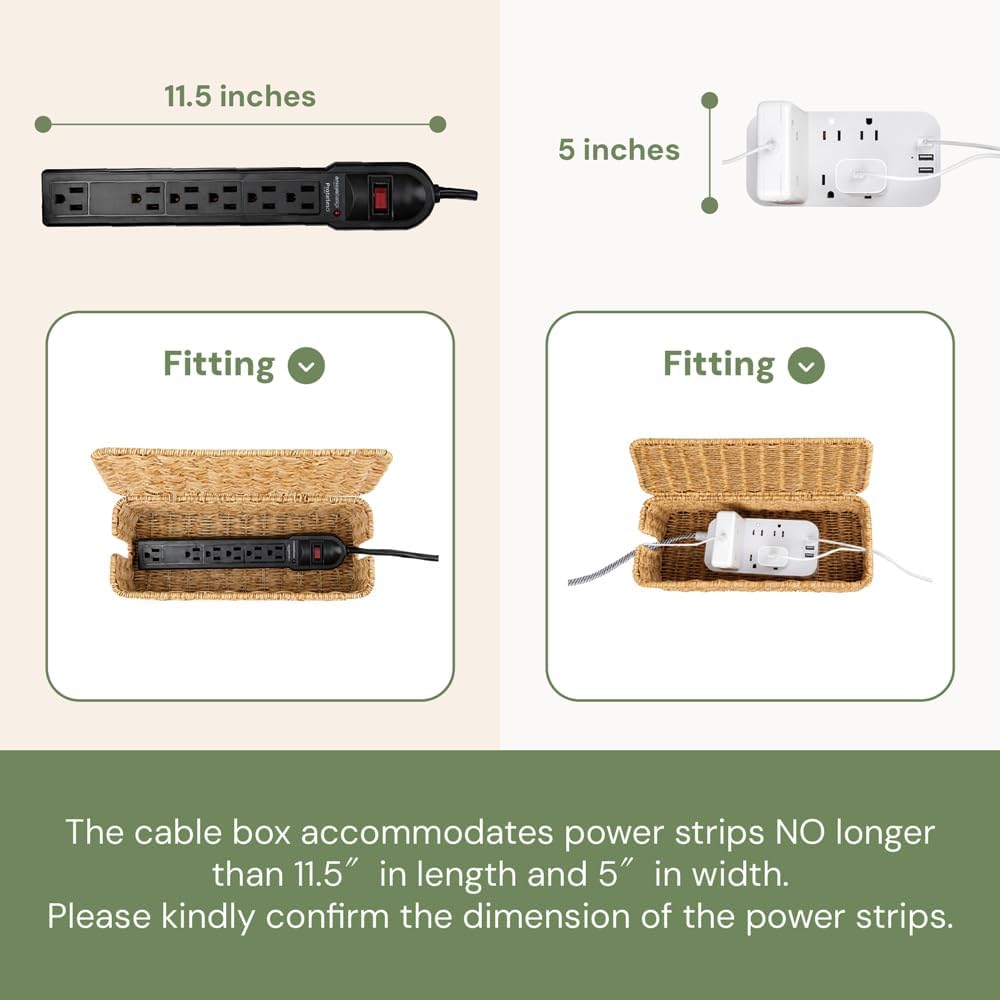 Cable Management Box, Handmade Rattan Cord Organizer for Power Strip | Open Slots Cord Hider for Power Strip, Router & USB Hub, Registered U.S. Design Patent