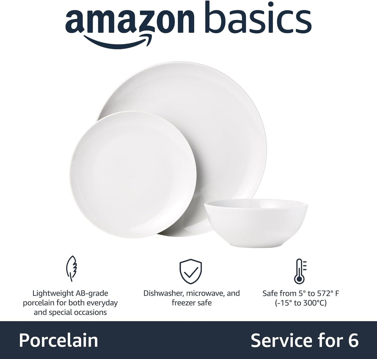 Amazon Basics 18-Piece Complete Kitchen Dinnerware Set, Microwave and Dishwasher Safe, Plates, Dishes, Bowls for Everyday Use, Service for 6, White Porcelain Coupe