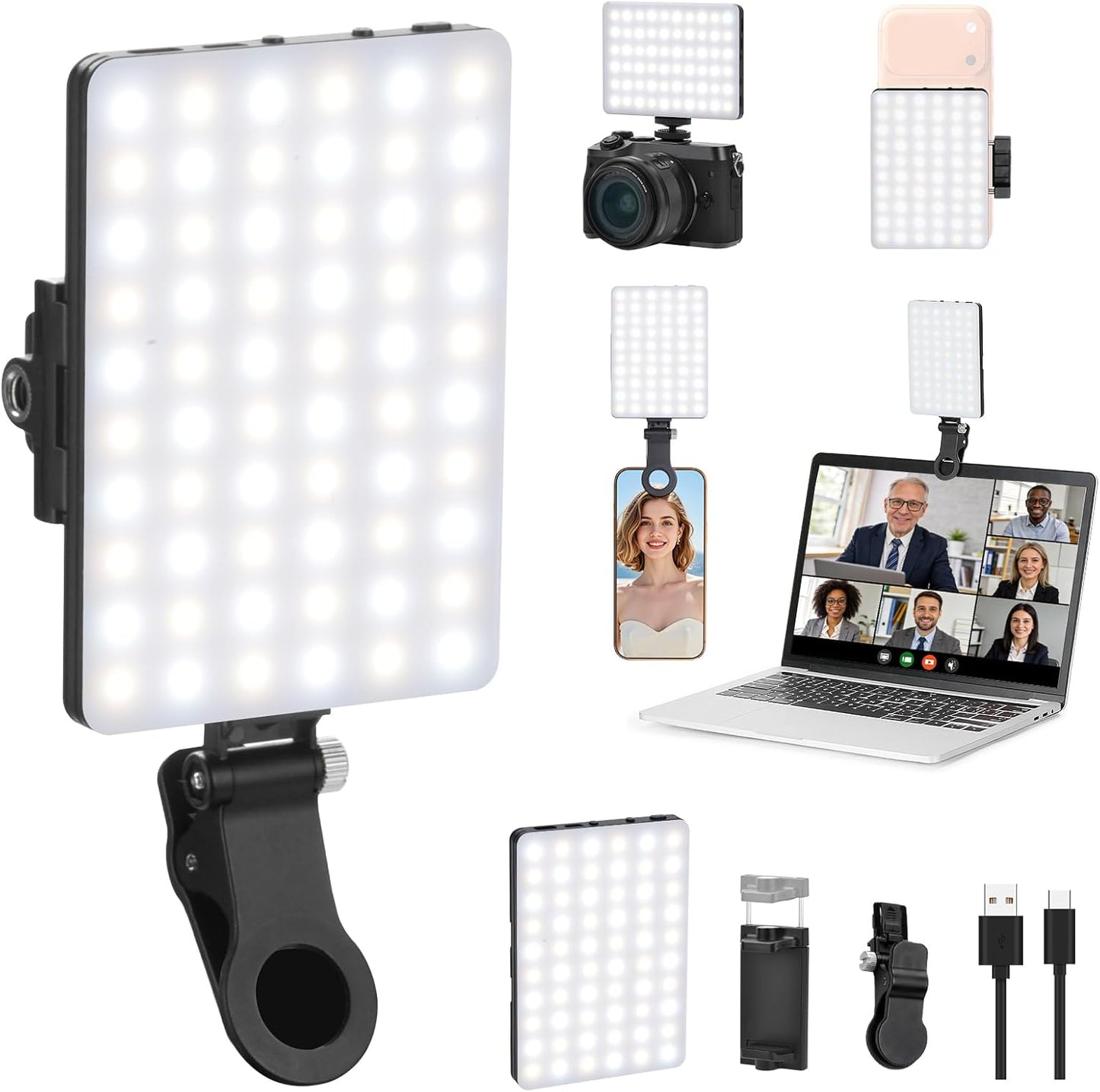 Newmowa 60 LED High Power Rechargeable Clip Fill Video Conference Light with Front & Back Clip, Adjusted 3 Light Modes for Phone, iPhone, Android, iPad, Laptop, for Makeup, TikTok, Selfie, Vlog