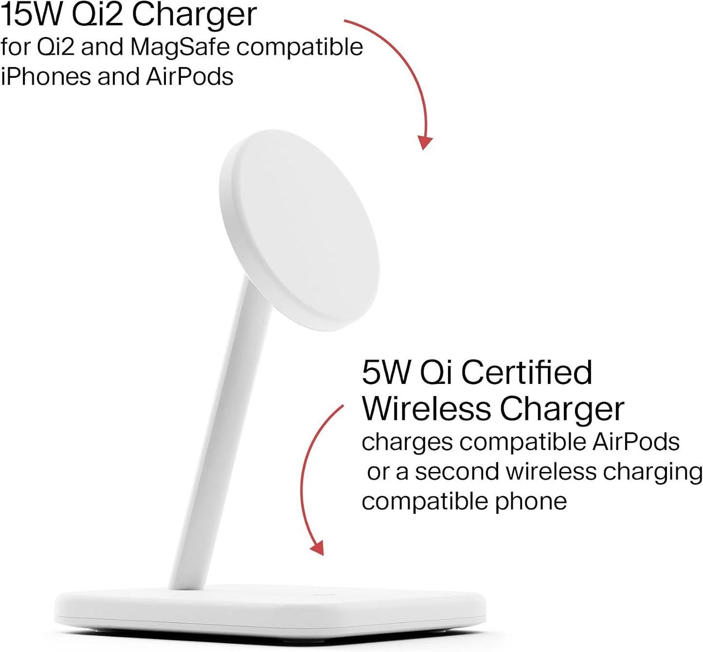 Twelve South HiRise 2 Deluxe 2-in-1 Wireless Charging Station, White | The Qi2 magnetic arm delivers 15W to your iPhone while the 5W base tops up AirPods Pro; tilts 70 degrees for StandBy mode.