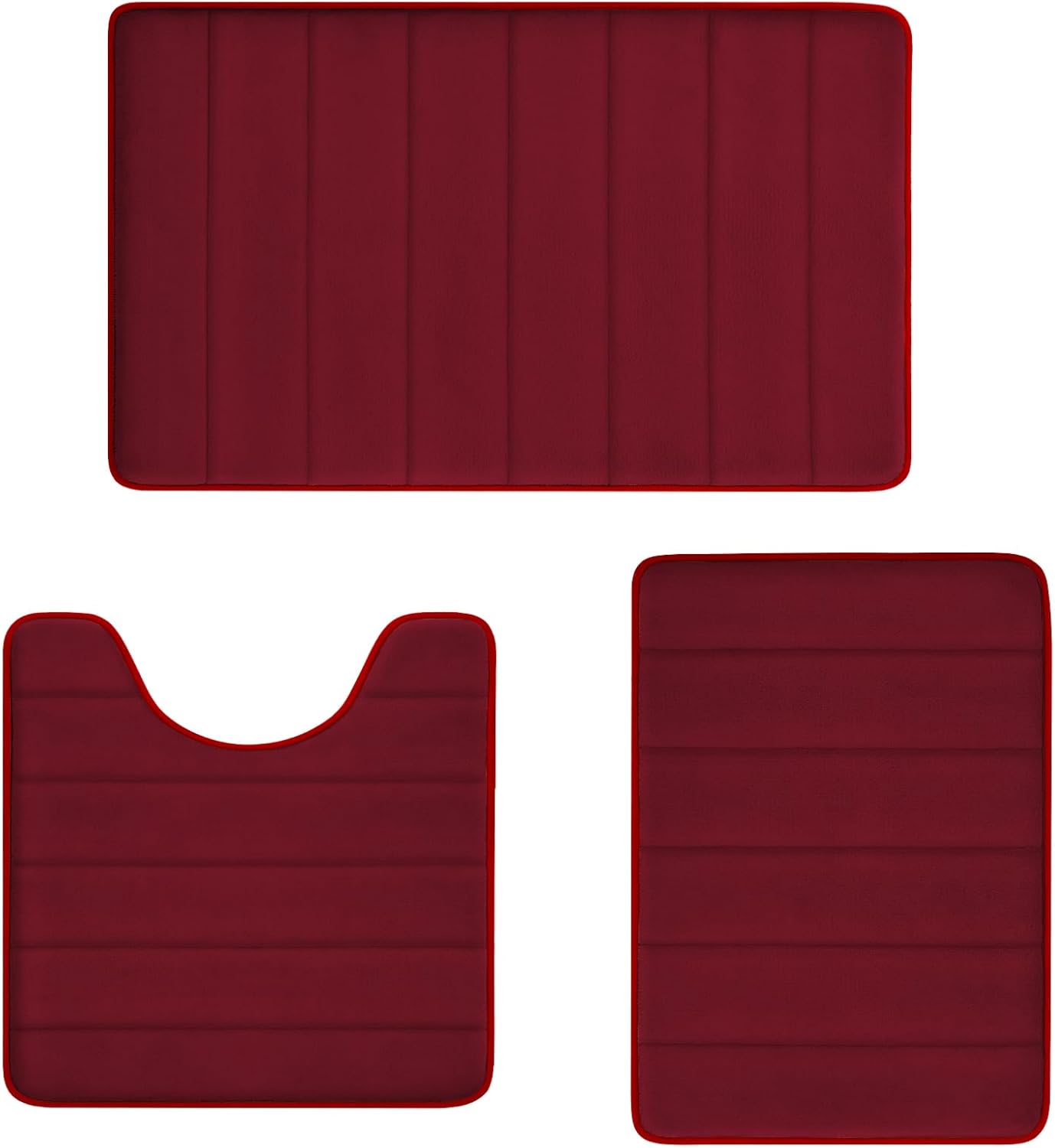 RUN HELIX Burgundy Bathroom Rugs Sets 3 Piece Memory Foam Non Slip Bath Mats for Bathroom Floor and U-Shaped Contour Toilet Rug, Soft Washable Bathroom Mats and Rugs Sets for Toilet Shower Sink