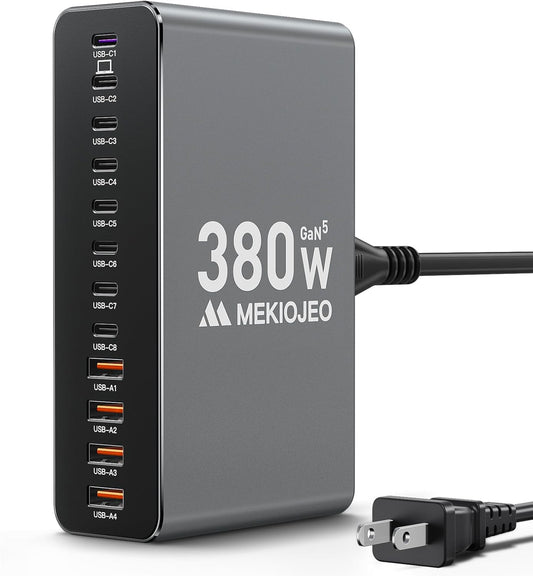 12 Ports Aluminum Alloy 380W Charging Station Fast USB C Charger Block 65W Laptop GaN Charger for MacBook Pro/Air/iPad Pro/iPhone (Gray)