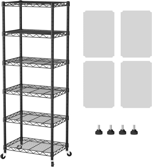 SINGAYE 6 Small Shelf Storage Wire Shelves Closet Bathroom Organizers Metal Pantry Kitchen Garage Shelving Unit Laundry Room Organization Home Narrow Rack Net Basket with Wheels Black