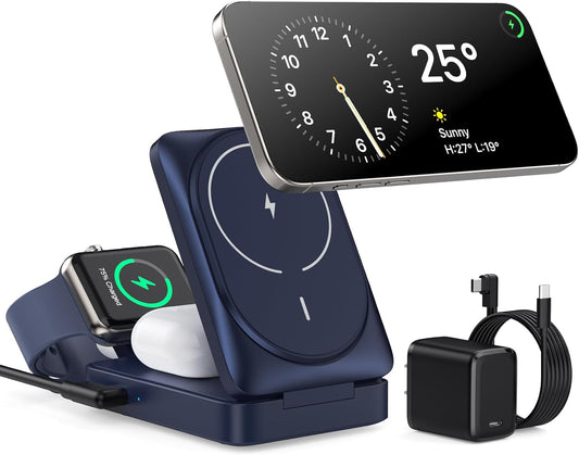 3 in 1 Wireless Charger Charging Station for iPhone,Travel Foldable Magnetic 15W Fast Wireless Charger Stand for Mag-Safe with 30W USB C Adapter for iPhone 17/16/15/14/13/12,Apple Watch,AirPods