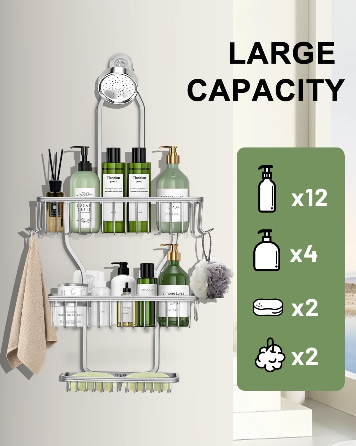 Shower Caddy Hanging - Never Rust Shower Hanging Organizer - Aluminum Over the ShowerHead Caddy with 6 Hooks for Razor/Sponge (Silver)