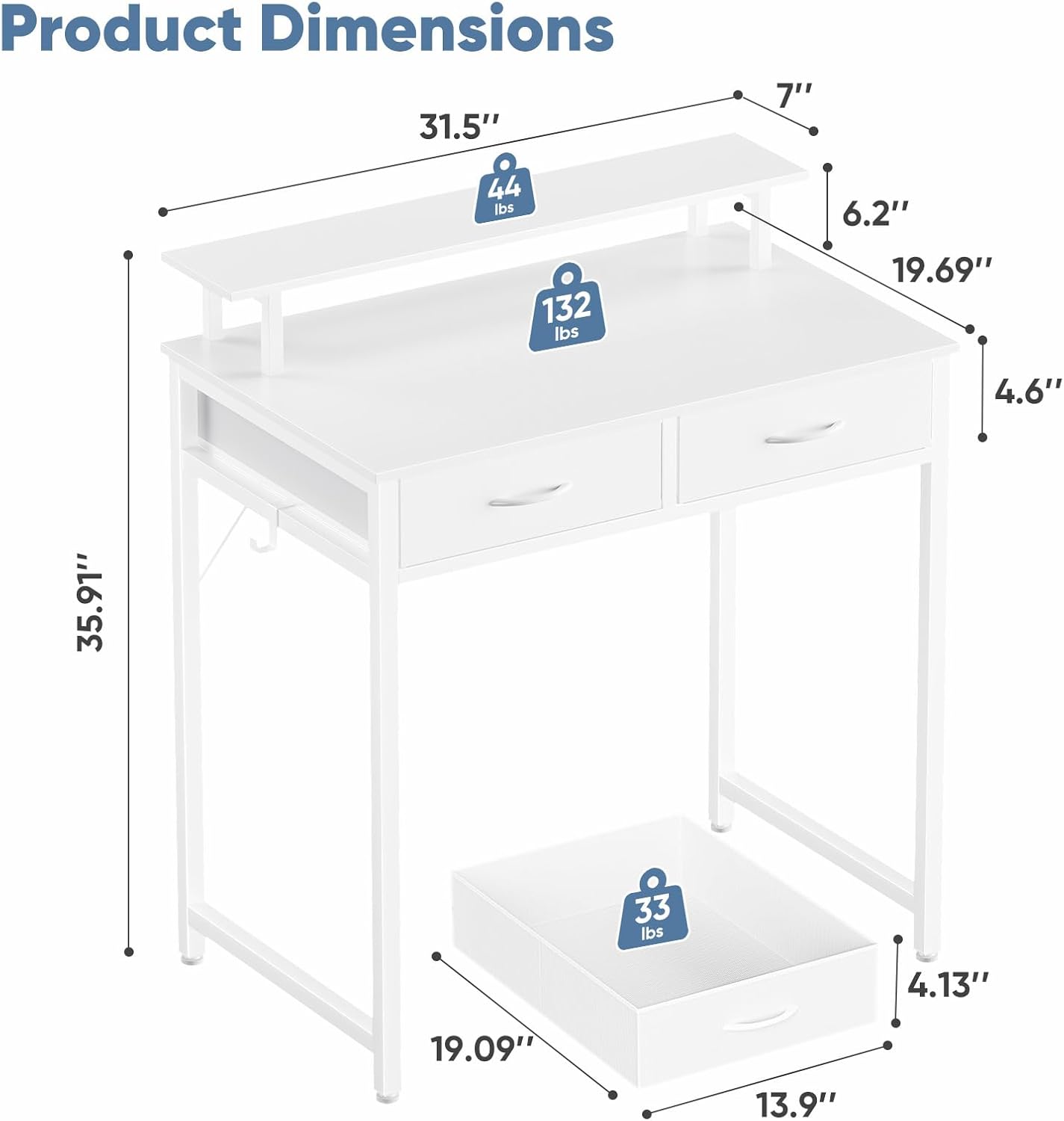 DUMOS 31.5" x 19.7" Compact Computer Desk with Monitor Stand and 2 Drawers, Small Writing Desk with Drawers for Home Office, Study Table for Small Spaces, White