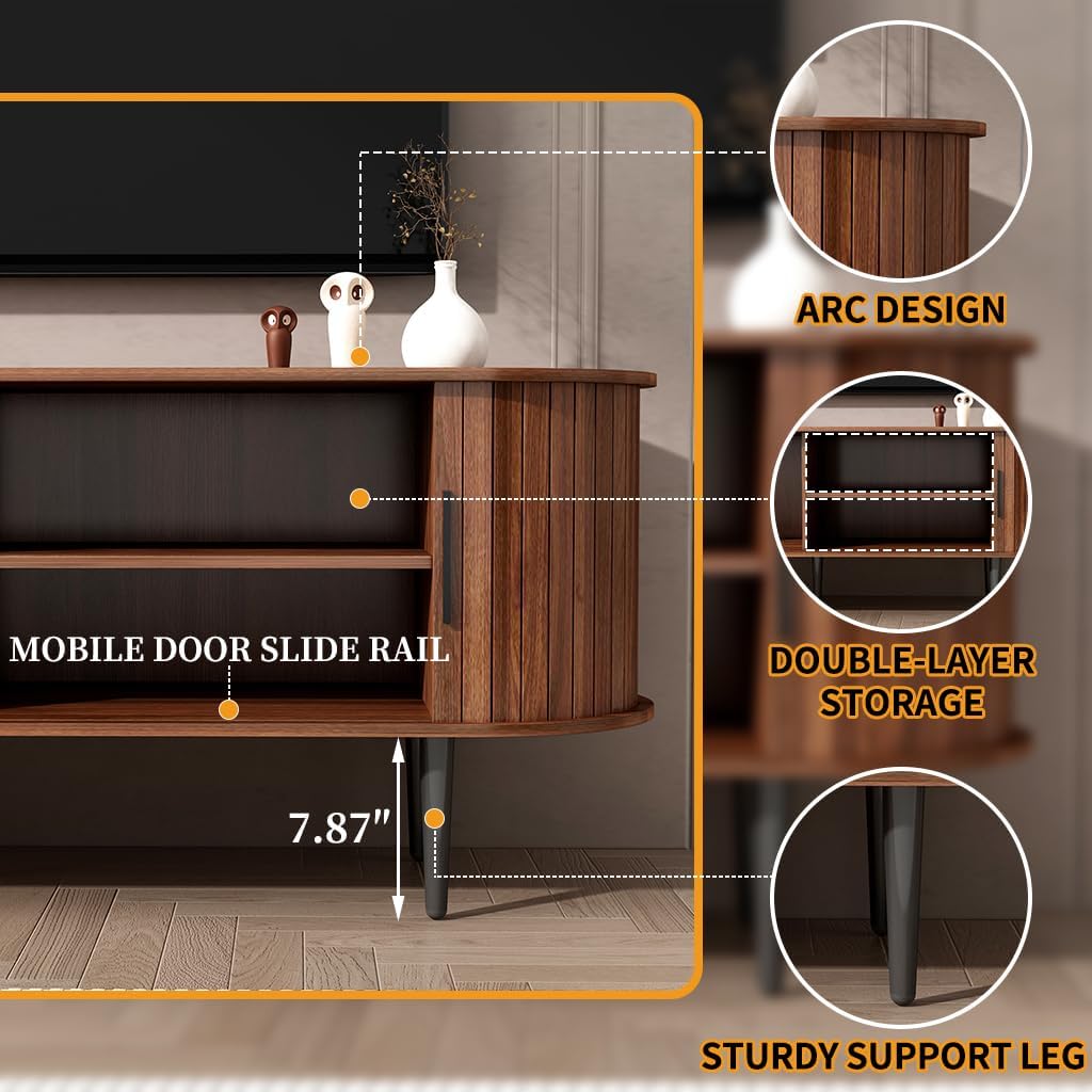 Mid Century Modern Fluted TV Stand, Walnut TV Stand for 55 Inch TV, Wooden Entertainment Center with Sliding Doors and Ample Storage Space, Media Console Storage Cabinet for Living Room or Bedroom