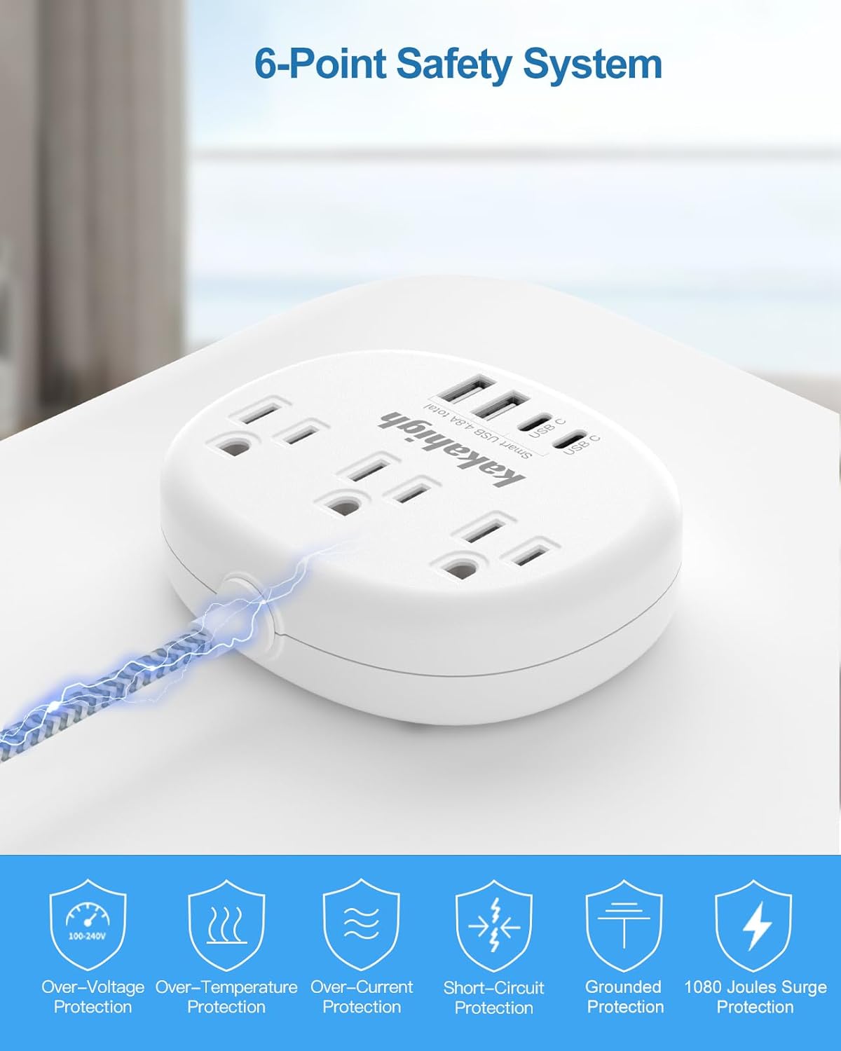 Small Extension Cord with USB C - 5 FT Short Extension Cord, 1625W 3 Prong Power Strip with 3 AC Outlet 4 USB (24W/4.8A), Bedside Charging Station for Home Office Dorm Room Essentials