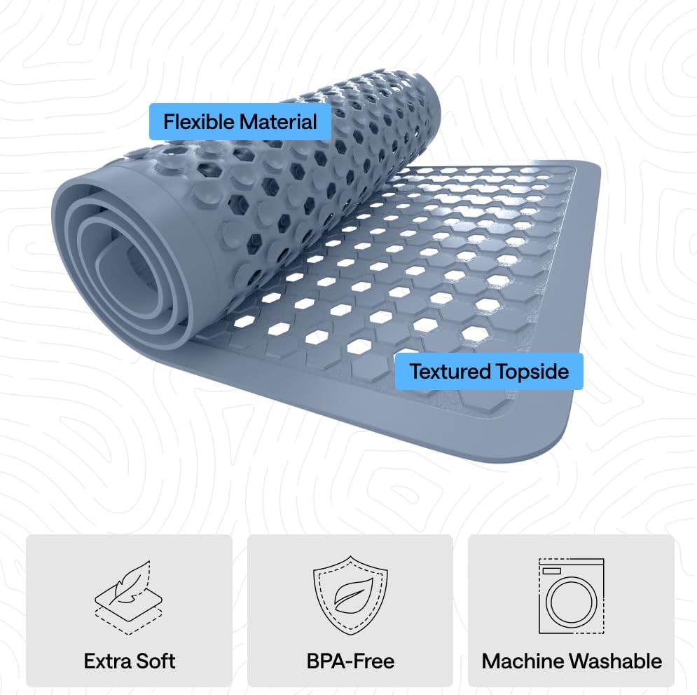 GORILLA GRIP Patented Bath Tub Shower Mat, Machine Washable Bathtub Floor Liner Mats, Suction Cups and Drain Holes to Keep Tubs Clean, Soft on Feet, Bathroom Essentials, 35x16 Inch, Sky Blue Opaque