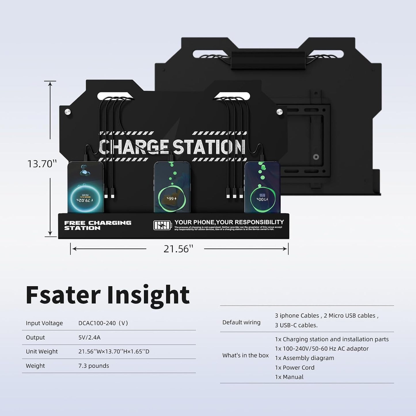 Mechanical Type Wall Mounted Charging Station with 8 PortHigh Speed Cables - Universal Dock for Apple, Type-C & Android Devices, Perfect for Airports, Hotels, Offices, School (Black)