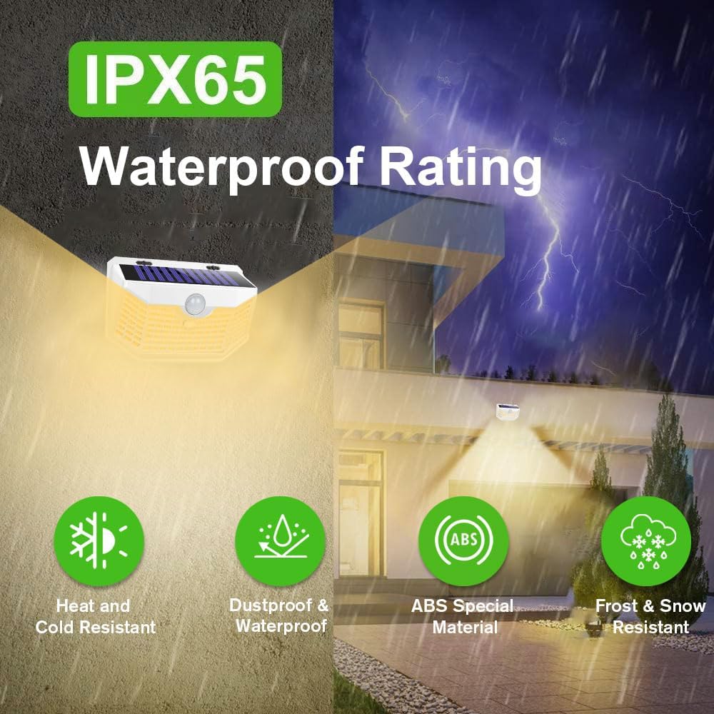 HMCITY 120 LED Solar Lights Outdoor with Motion Sensor and 3 Lighting Modes, IP65 Waterproof Wide Solar Wall Lights Ideal for Garden Patio Yard (Front Button 6Packs, White Shell-Warm White)