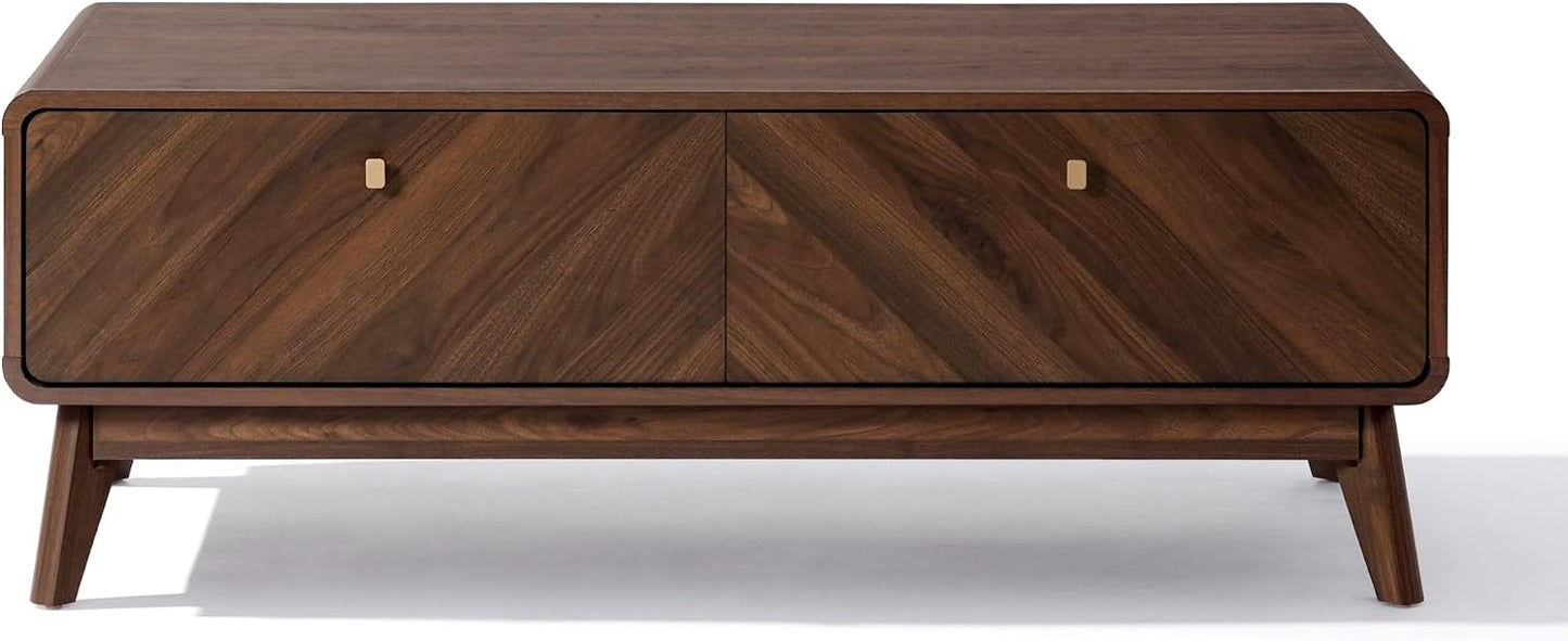 LuxenHome 47" Live Edge Mid Century Modern Walnut Coffee Table with Storage | Wooden Center Table with Storage, Geometric Wood Grain Fronts, Spacious Concealed Storage, and Tapered Legs