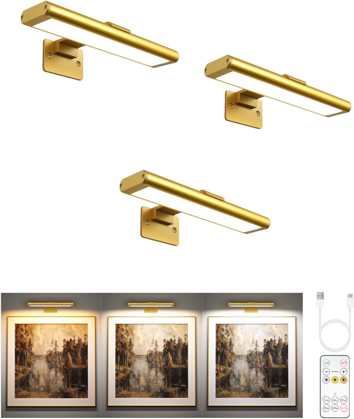 EZVALO Picture Light for Wall, Rechargeable 2400mAh Battery Lights Wireless with IR Remote, 3 Color & Dimmable Magnetic 7.87'' LED Lights Display for Painting, Living Room, Gallery, Bedroom(Gold-3P)