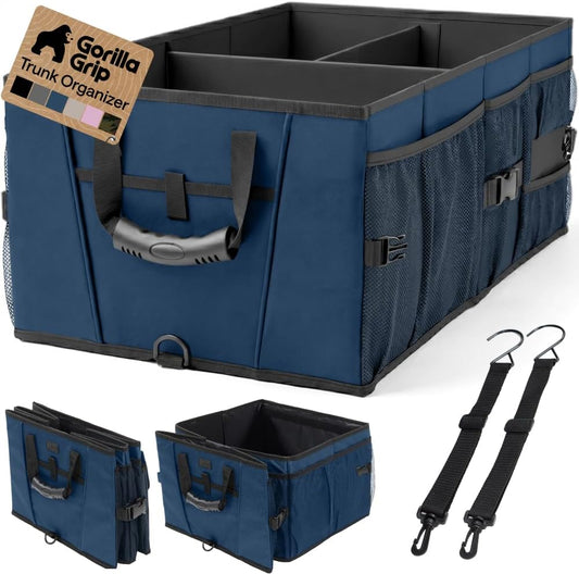 GORILLA GRIP Trunk Organizer for SUV and Cars, Large Capacity Collapsible Car Trunk Storage Organizer, Heavy Duty Car Accessories, Gifts for Mom and Dad, Slip & Water Resistant Multi Compartment, Blue