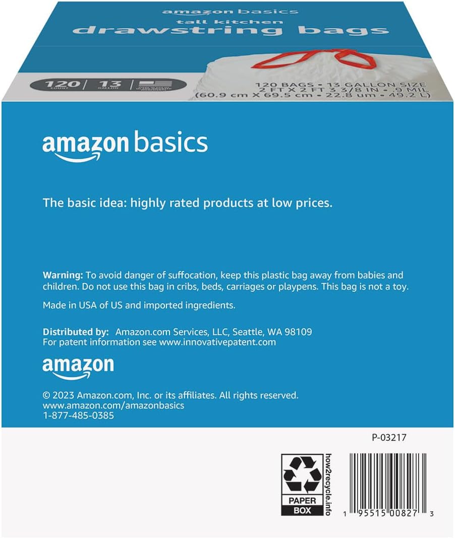 Amazon Basics Tall Kitchen Drawstring Trash Bags, Sturdy and Tear Resistant, 13 Gallon, Unscented, 120 Count