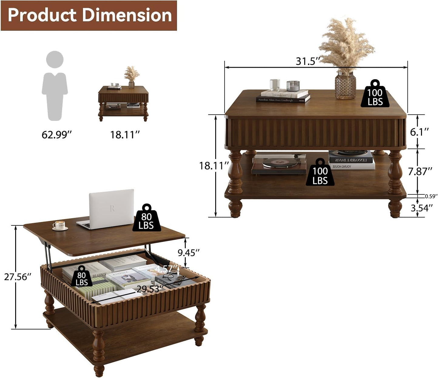 31.5 Inch Square Lift Top Coffee Table with Hidden Storage, 2 Tier Wooden Square Fluted Coffee Table with Open Shelf & Sculpted Legs, Retro Center Table for Living Room, Apartment, Home Office, Walnut