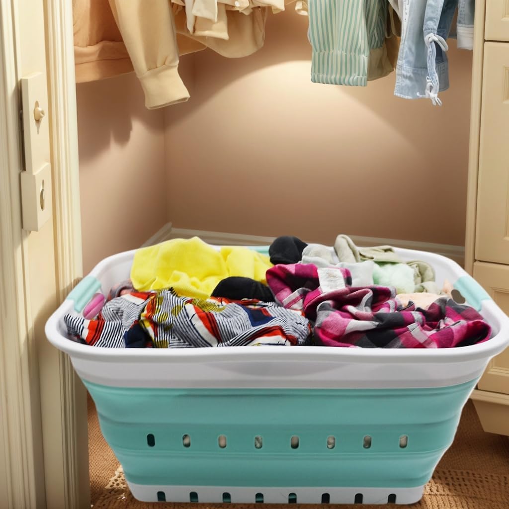 SAMMART 42L (11 gallon) Collapsible Plastic Laundry Basket - Foldable Pop Up Storage Container/Organizer - Portable Basket - Space Saving Hamper/Basket (2, White/Lake Green)