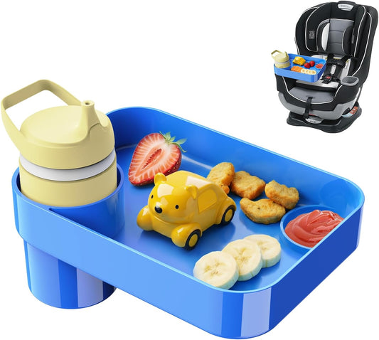 Car Seat Snack Tray for Toddlers - 3 Inch Cup Holder Fits Most Sippy Cups & Straw Bottles with Dip Well, Mess-Free Square Kids Travel Tray Road Trip Essentials, Blue