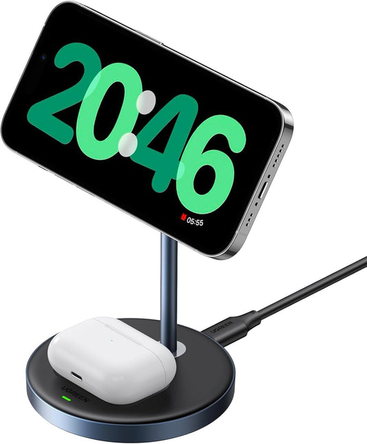 UGREEN MagFlow 2-in-1 Magnetic Wireless Charging Stand Fast Wireless Charger for iPhone 17 16 15 14 13 12 Series and AirPods, MagSafe Compatible Qi Charging Stand with 3 FT USB-C Cable (No AC Adapter)