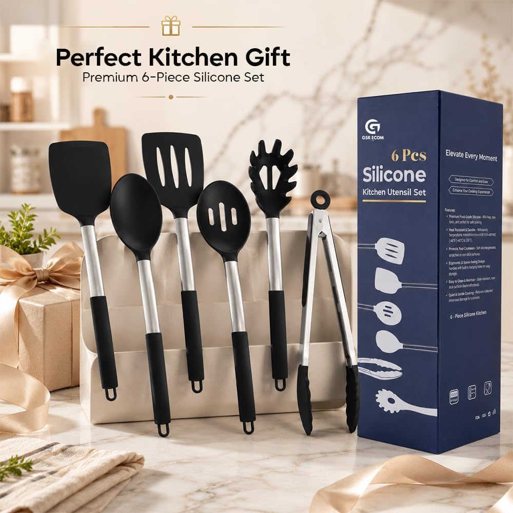 Silicone Cooking Utensils Set 6 PCS, Heat Resistant Non Stick Spatula Spoon Turner Kitchen Tools – BPA Free Non-Toxic Utensils for Nonstick Pots Pans, Baking Mixing Serving Accessories, Black
