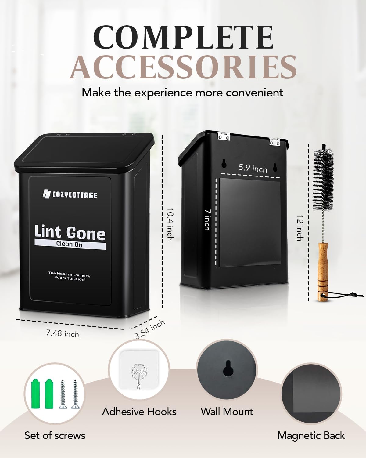 COZYCOTTAGE Magnetic Lint Bin for Laundry Room Organization and Storage With Brush & Hooks - Wall Mounted Dryer Lint Trash Can for Laundry Room Decor (Black)