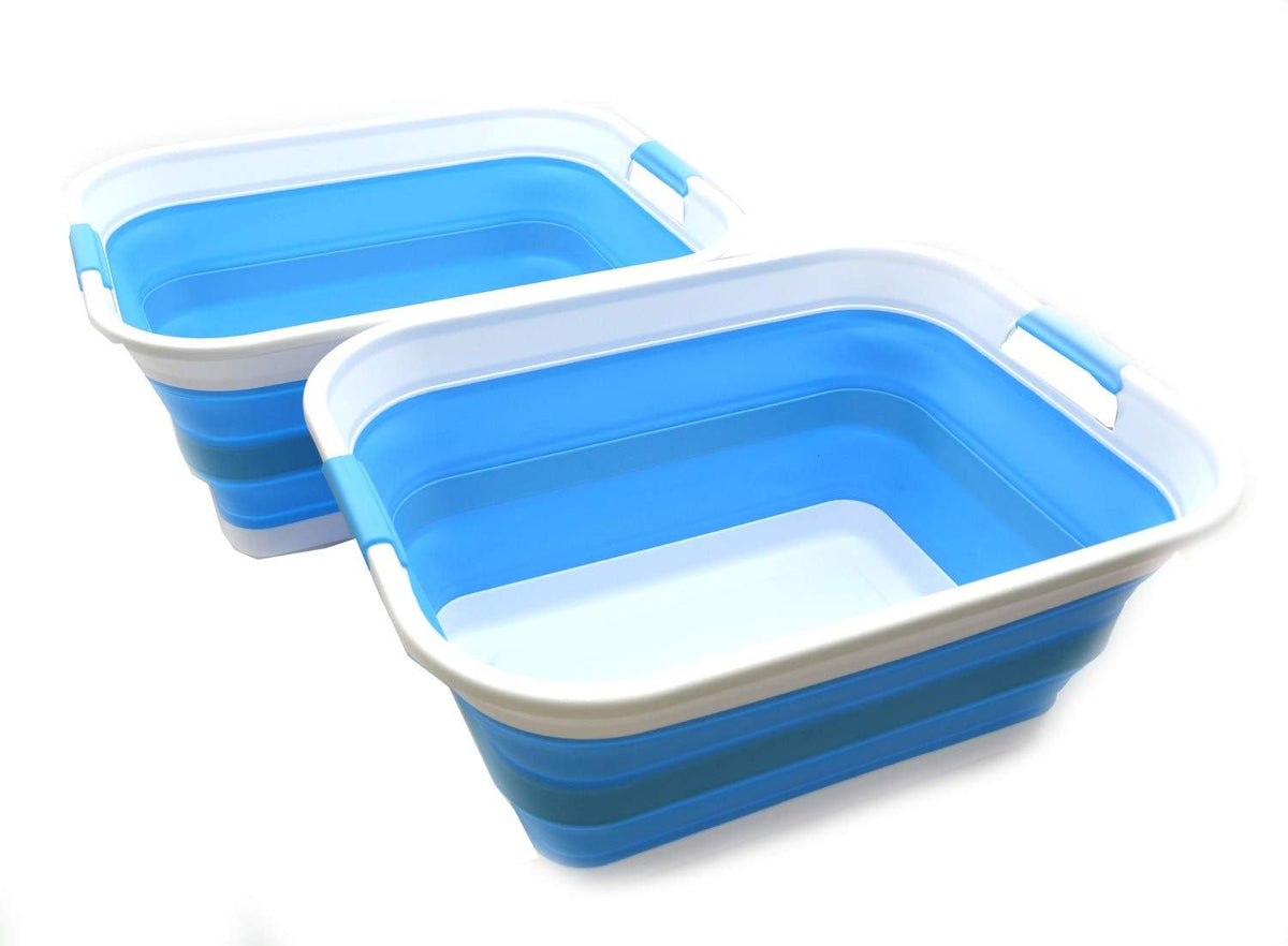 SAMMART Set of 2-41L(10.8 gallon) Collapsible Plastic Laundry Basket-Pop Up Storage Container-Portable Washing Tub-Space Saving Hamper/Basket, Water capacity:32L(8.4 gallon) (2 rectangular, Sky Blue)