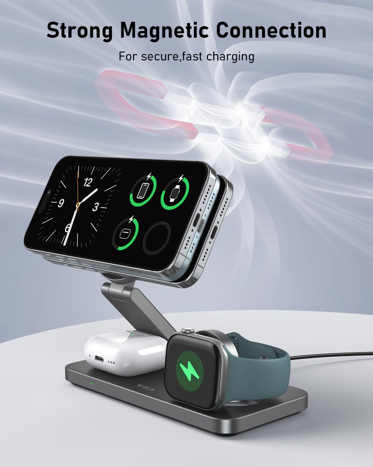 VBA 3 in 1 Wireless Charging Station for Apple MagSafe Charger,Foldable Fast Charging Magnetic Wireless Charger Stand,Travel Charger for iPhone 17 Air 16 15 14 13 12,Apple Watch,AirPods (Black)