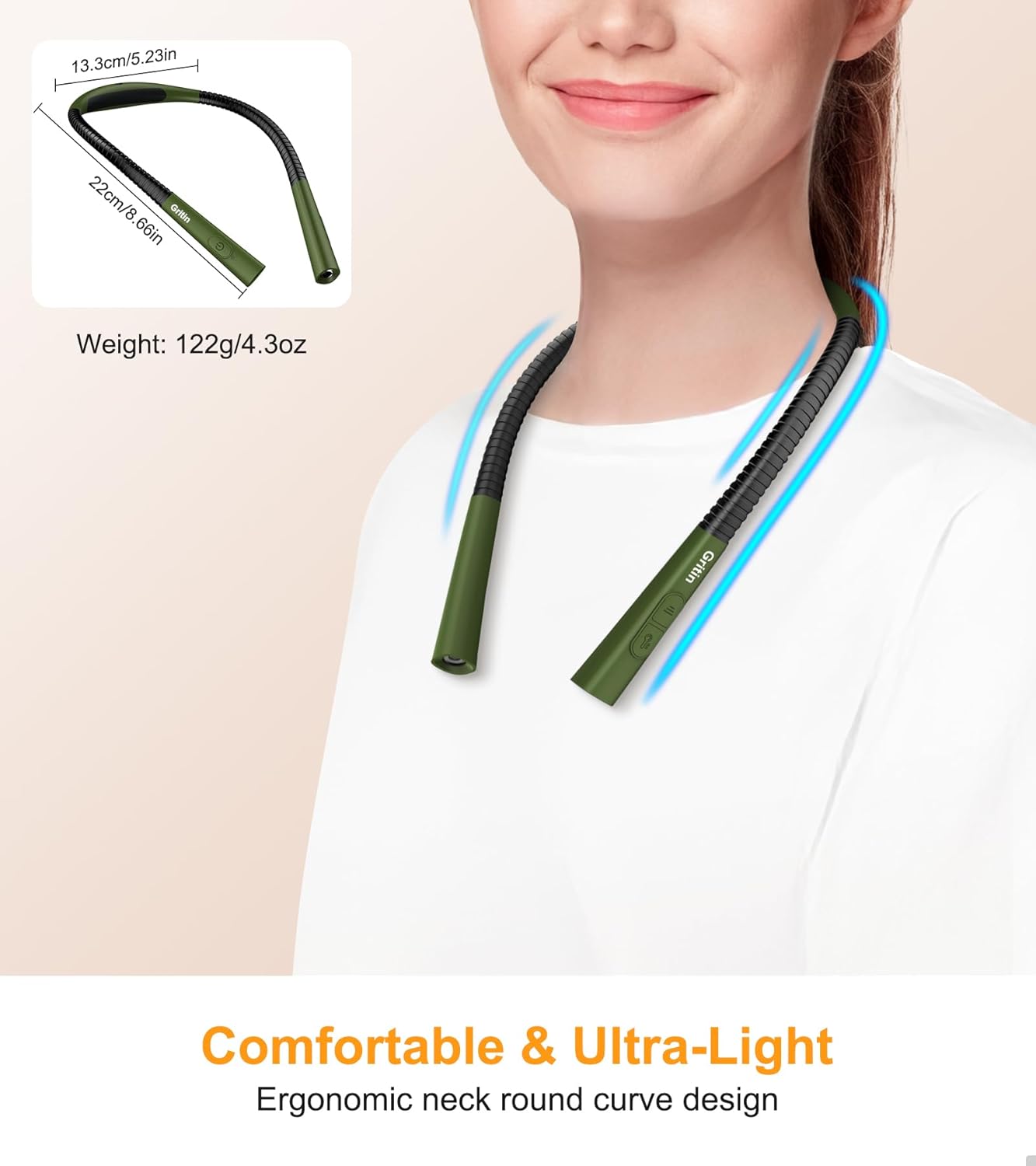 Gritin Book Light, Eye Caring 4-Color & 5-Brightness Neck Light Reading Light- Stepless Dimming,30-min Timer,80+ Hrs Runtime,Bendable Round Neck Design, Lightweight for Reading-Deep Green